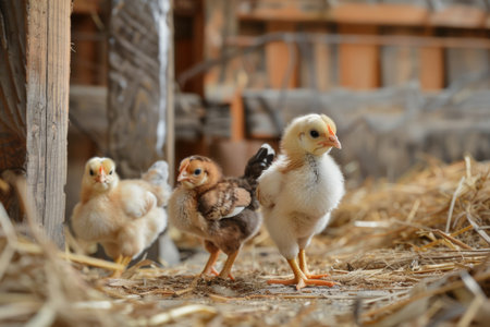Row of Cute Chicks Standing in Warm Sunlight on Farmの素材