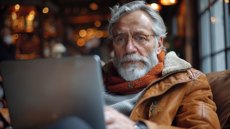 Elderly man with beard and glasses using laptop in a cozy cafe setting. Casual portrait with bokeh background. Modern technology and senior lifestyle concept for design and advertisementの素材