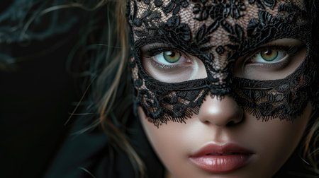 Woman with green eyes wearing a black lace mask. Close-up portrait with a mysterious and elegance concept. Suitable for design and print, poster, invitation, and masquerade themeの素材