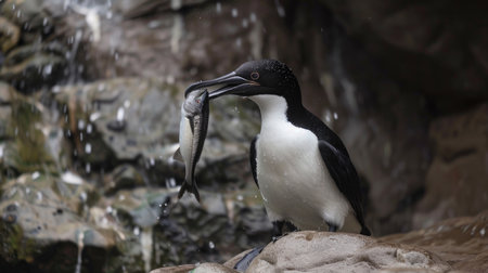 A penguin triumphantly displays its catch, holding a fish in its beak against a rocky aquatic backdropの素材