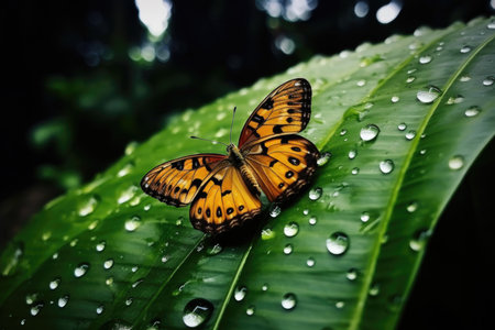 Orange butterfly on green leaf with water droplets. Close-up nature photography with vibrant colors. Design for educational material, wildlife conservation awarenessの素材