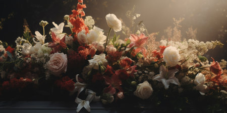 Assorted flowers in dim light. Floral arrangement concept. Design for invitation, greeting card, and posterの素材