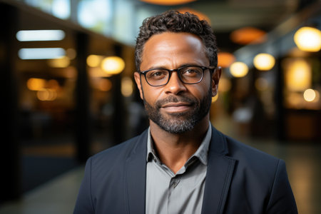 Professional man with glasses in business attire. Corporate office background. Business and entrepreneurship concept. Design for corporate profile, annual reportの素材