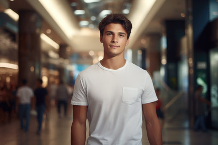 Young man in white t-shirt standing in shopping mall. Contemporary casual fashion portrait with an urban setting. Youth lifestyle and fashion modeling concept for design and printの素材