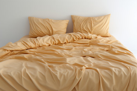 Unmade bed with yellow satin sheets. Interior design concept with copy space.の素材