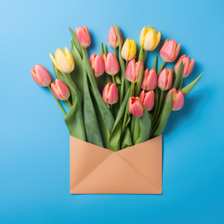 Pink and yellow tulips in envelope on blue background. Springtime and floral concept. Flat lay composition with copy space for design and printの素材