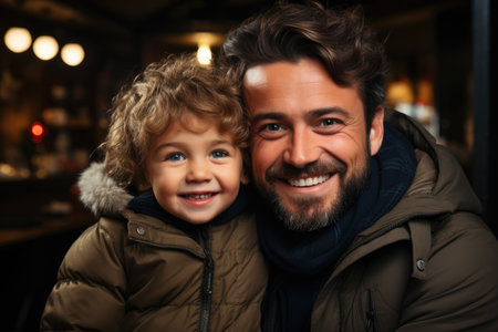 Smiling father and toddler son enjoying festive lightsの素材
