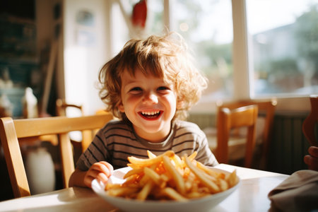 Happy child eating French fries at a sunlit kitchen table. Childhood and casual dining concept. Suitable for family restaurant advertising, healthy eating campaignsの素材