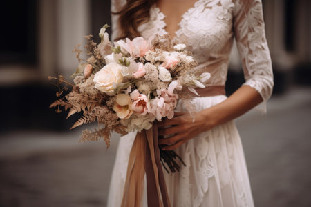 Bride in a lace dress holds a rustic bouquet, evoking romanceの素材