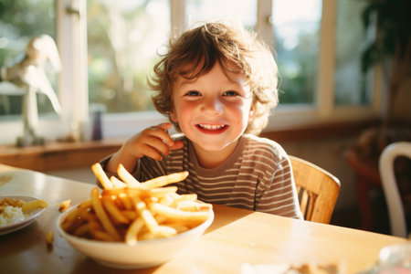 Happy child eating French fries at a sunlit kitchen table. Childhood and casual dining concept. Suitable for family restaurant advertising, healthy eating campaignsの素材