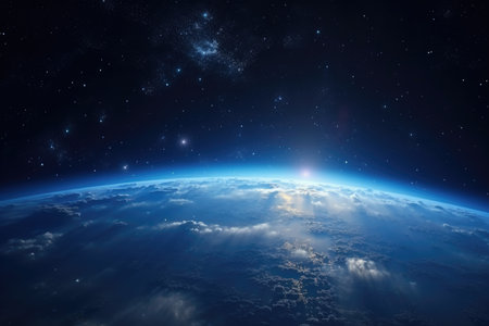 Earth horizon from space with sunrise and starry sky. Astronomy photography with copy space. Science and exploration concept. Design for poster, wallpaperの素材
