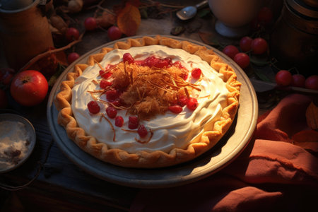 Traditional pie with whipped cream and cherries. Rustic homemade dessert photography with autumn fruits on wooden table.の素材