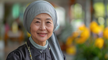 Elderly Asian woman wearing a hijab, portrait with blurred floral background. Senior citizen and cultural diversity concept for design and printの素材