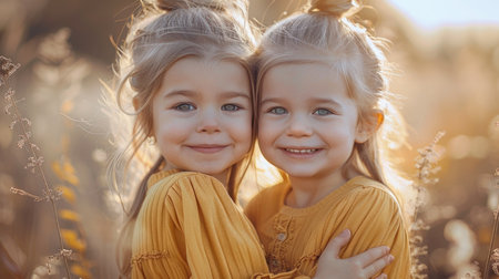 Two young girls with similar features hug joyfully, bathed in the soft, golden light of the setting sun, with delicate wildflowers around themの素材