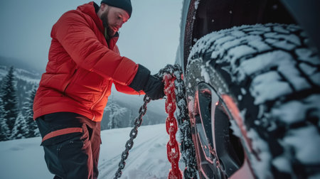 Man attaching snow chains to car tires in winter conditions. Vehicle safety and winter preparation concept for banner, articleの素材
