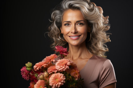 Smiling woman holding bouquet of flowers. Studio portrait with black background. Beauty and lifestyle concept for design, banner, and advertisingの素材