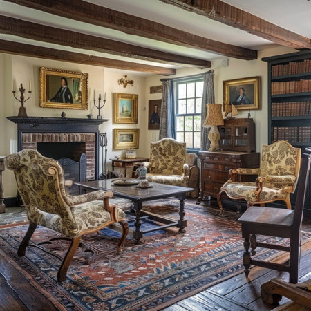Traditional living room interior with classic furniture and fireplace. Vintage home decor concept for design and printの素材