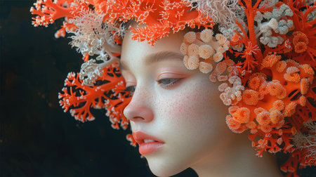 Portrait of a girl with a coral reef inspired fantasy headdress. Digital art concept with marine life elements. Underwater fantasy for design and printの素材
