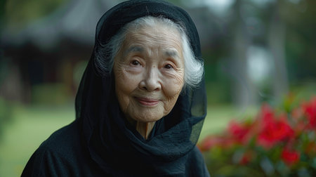 Elderly Asian woman wearing a hijab, portrait with blurred floral background. Senior citizen and cultural diversity concept for design and printの素材