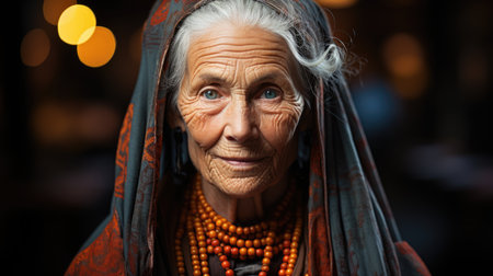Elderly woman with blue eyes and traditional attire. Intense portrait with cultural fashion concept for design and print. Macro shot with blurred backgroundの素材
