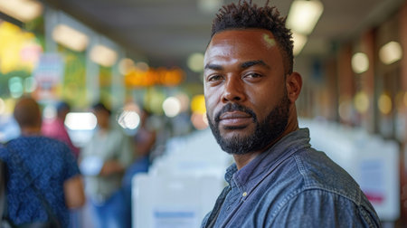 Man with beard in denim shirt. Shallow depth of field portrait with urban background. Casual urban lifestyle concept. Place for textの素材