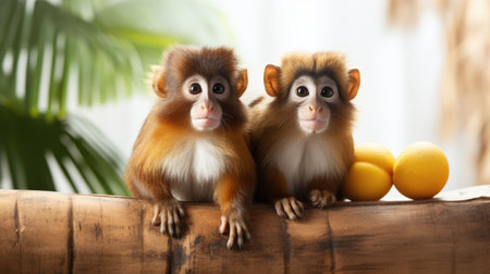 Two monkeys on a log with yellow fruit. Studio wildlife portrait with neutral background. Wildlife and nature concept. Design for educational material, poster, bannerの素材