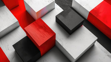 Abstract geometric shapes in black, white, and red. 3D render of modern art cubes composition for design and print. Minimalist and contemporary style with place for textの素材