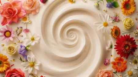 Floral arrangement with milk swirl in the middle. Flat lay composition with copy space. Springtime flowers and creativity concept. Design for greeting card, invitation, wallpaperの素材