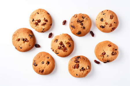 Oatmeal raisin cookies arranged on a white background. Flat lay composition of homemade baked goods. Design for recipe websites and bakery menus with copy spaceの素材