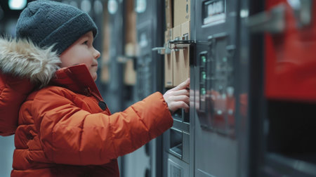 Child in red winter jacket choosing mailbox. Outdoor photography with urban lifestyle and childhood concept for design and print. Candid shot with copy space.の素材
