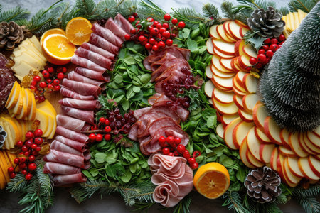 A holiday-themed charcuterie board arranged in a wreath shapeの素材