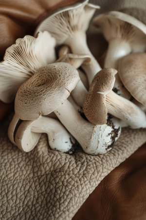 Fresh organic oyster mushrooms on a textured brown leather background. Culinary ingredient concept. Close-up viewの素材