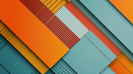 Overlapping geometric shapes in red, blue, yellow, and teal with a modern design. Contemporary art for banner, background, or wallpaper designの素材