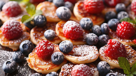 Pancakes with fresh berries and powdered sugar on dark background. Gourmet breakfast food photography. Sweet cuisine and dessert concept for menu design and culinary blogの素材