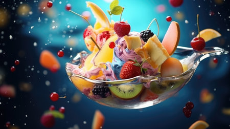 Frozen fruit and splashing ice cream. Dynamic summer dessert concept with copy space. High-speed photography for poster or banner design, featuring kiwi, orange, and berriesの素材
