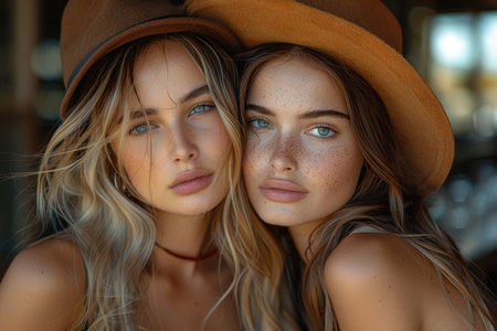 Two young women with freckles wearing brown hats. Close-up portrait with a bokeh background. Beauty and fashion concept. Design for poster, banner, and beauty industryの素材