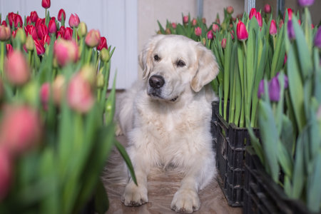Golden Retriever lying among tulip flowers. Springtime and pet enjoyment concept with copy space for...