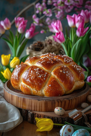 Freshly baked sweet buns on wooden board with tulips on dark background. Gourmet and Easter celebration concept for design and printの素材