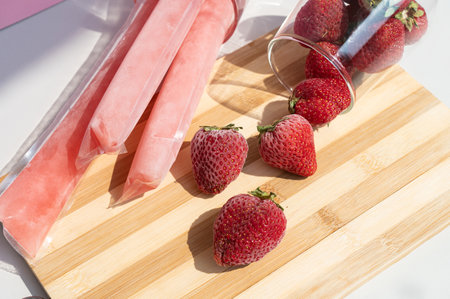 Ice cream in a bag with strawberries - sweet frozen homemade. It is known in Brazil as: Dindin, chup-chup, geladinho or Sokole.の写真素材