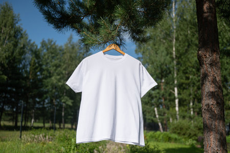 White T-shirt with short sleeves hanging on a hanger on the street, layoutの写真素材