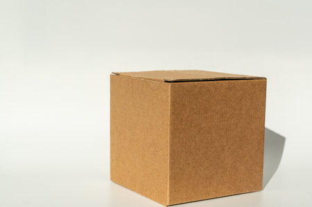 Simple brown cardboard box on white background. Packaging and shipping concept with copy space for banner, flyer, and online marketplacesの写真素材