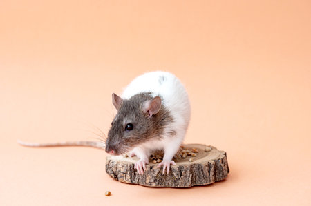 Rat close-up, domestic rat eating grain, feed. A rat with a long tail on a pink backgroundの写真素材