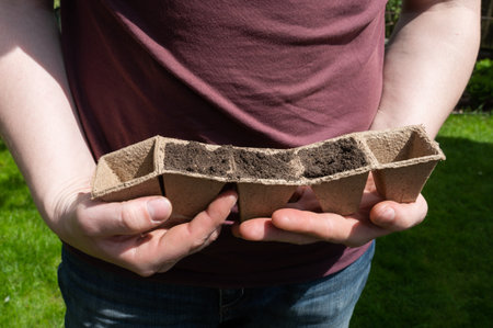 Close-up of an individual's hands presenting a biodegradable seedling tray with soil, ready for garden plantingの写真素材