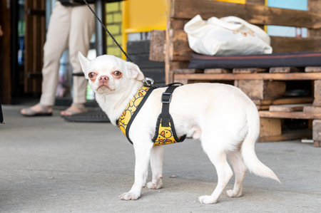 White Chihuahua with a yellow harness standing on a sidewalk. Pet lifestyle conceptの写真素材