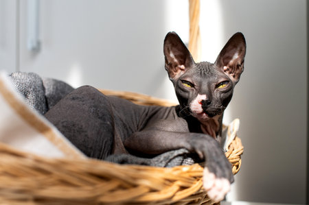 A hairless Sphynx cat sleeps peacefully in the comfort of a woven basket, showcasing the breed's unique beauty and tranquil demeanorの写真素材