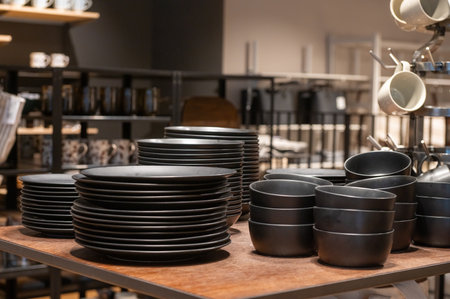 Stack of black plates and bowls displayed on a wooden table in a kitchenware store. Tableware shop...
