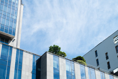 Modern office building with glass facade and trees on the rooftop. Urban architecture against a blue...