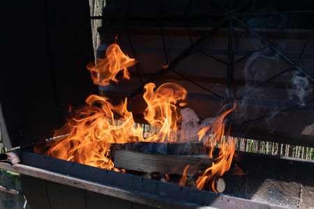 A fierce fire ignites the charcoal and wood in a backyard barbecue setup, capturing the essence of outdoor cookingの写真素材