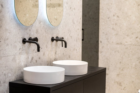 Elegant bathroom interior featuring circular mirrors and wall-mounted faucetsの写真素材