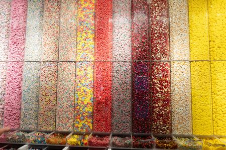 Rows of candy bins filled with various colorful candies in a candy store. Candy shop interior display. Sweet treats conceptの写真素材
